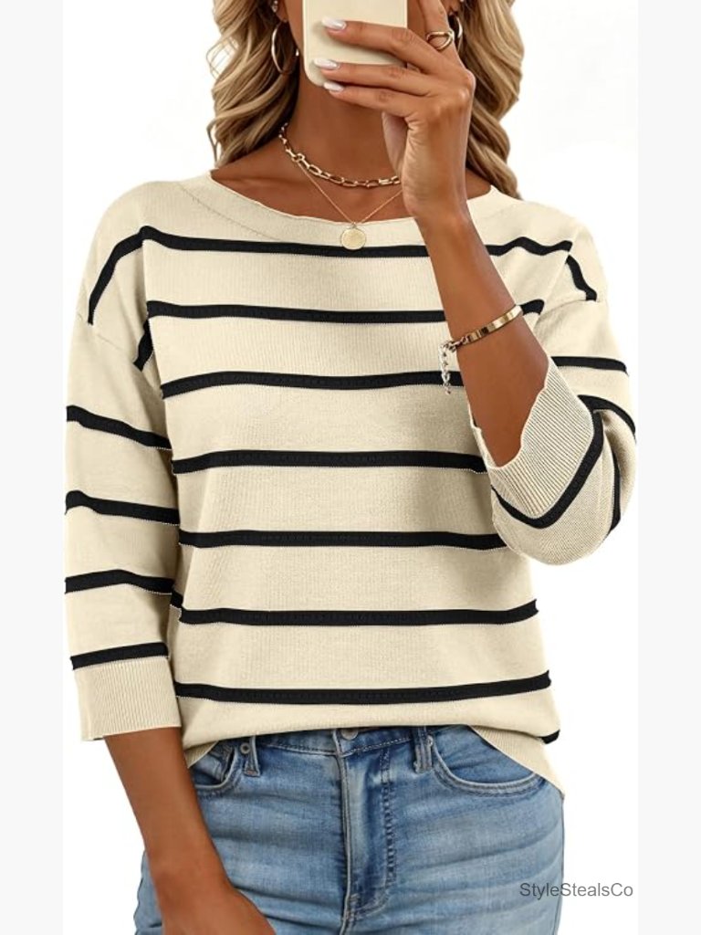 Lightweight Striped Boat Neck Pullover Sweater 3/4 Sleeve Knit Top